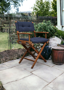 HomeRoots Outdoor Chairs 23" Navy Blue and Brown Solid Wood Indoor Outdoor Director Chair