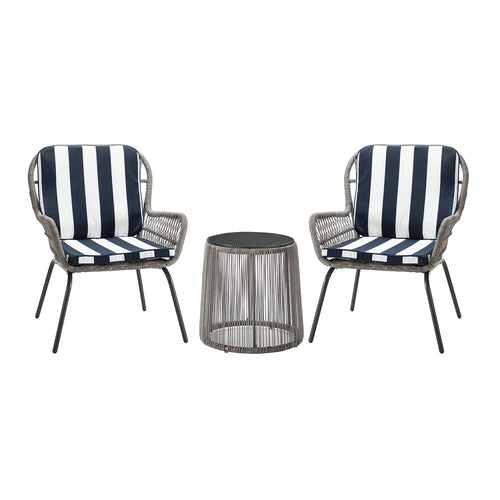 Great Gear Lounge Outdoor Furniture Gray Faux Rattan and Navy Stripe Outdoor Chair and Table Set